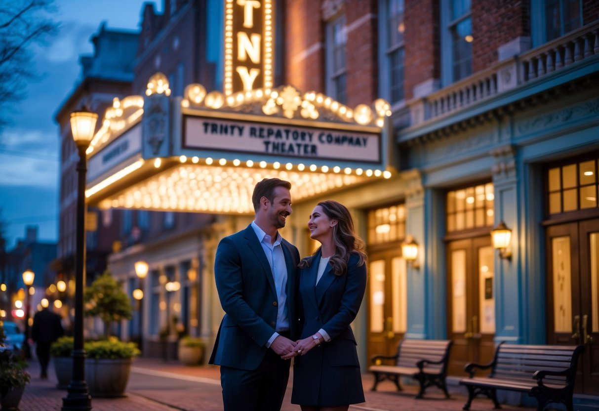 A couple standing outside a historic theater at dusk, holding hands and smiling on a city street in Providence, Rhode Island.