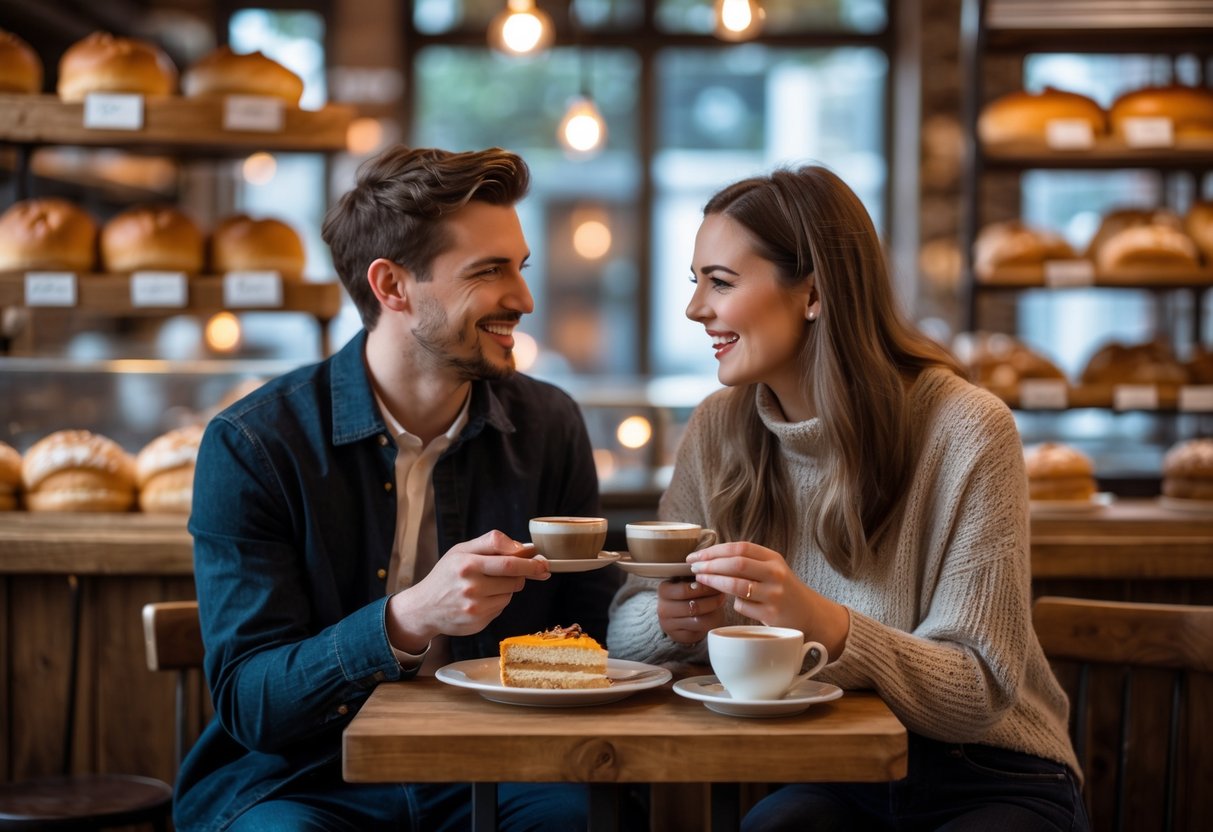 A young couple sharing a dessert and coffee at a small table inside a cozy bakery.