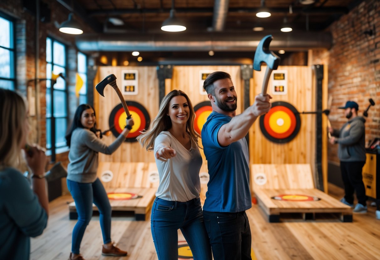 A couple throwing axes together at an indoor axe throwing venue with wooden targets and other people in the background.