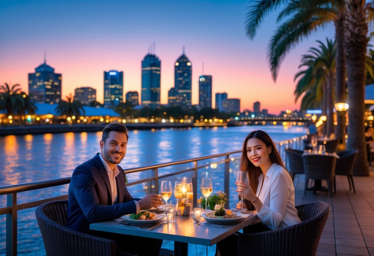 A couple enjoying a romantic dinner at an outdoor restaurant by the waterfront with the Perth city skyline and Swan River in the background at dusk.