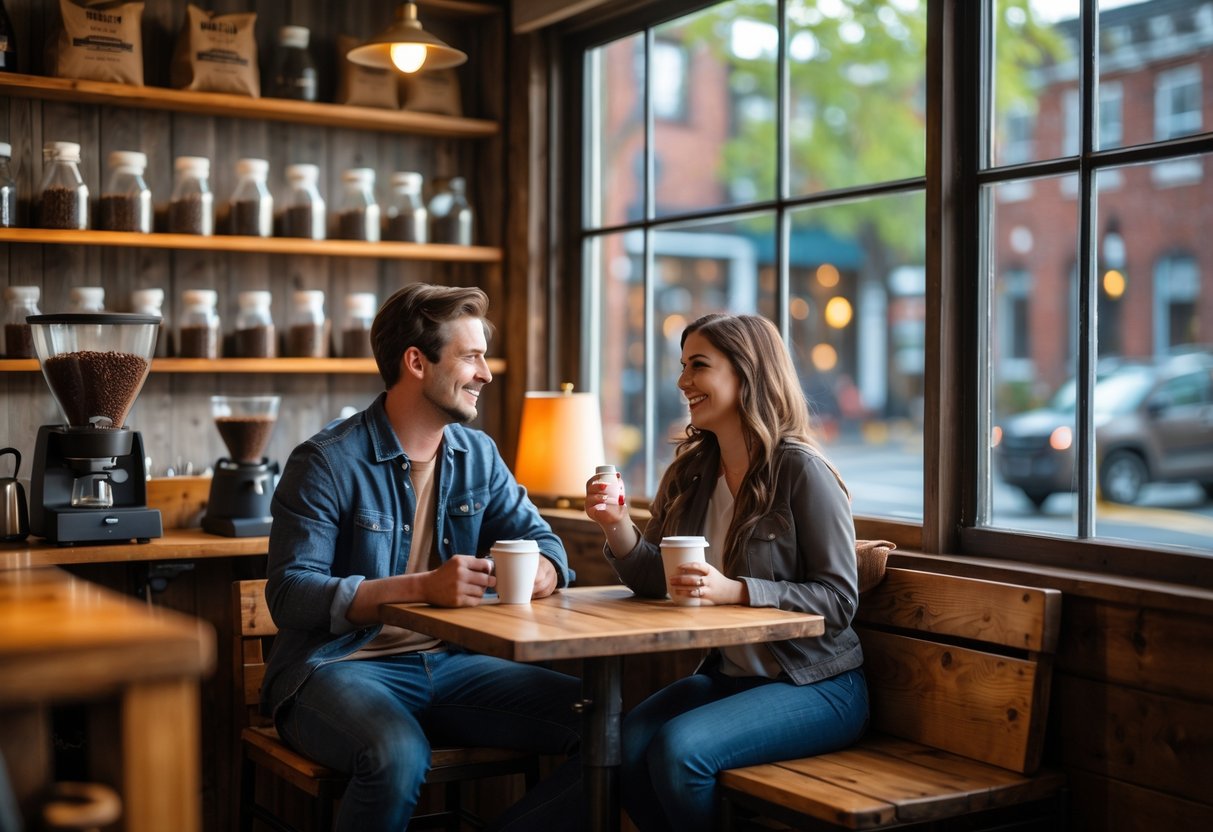 A young couple sitting at a table in a cozy coffee shop, enjoying coffee and conversation near a window.
