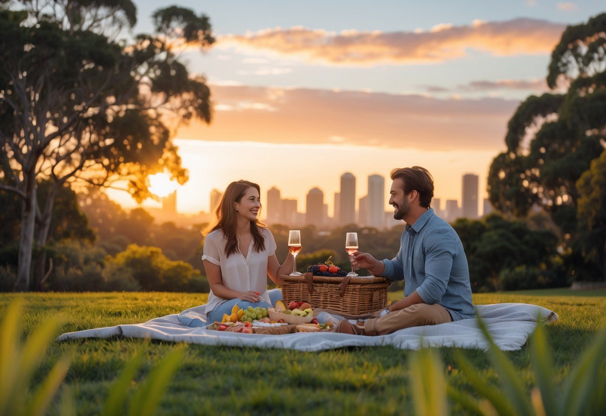 A couple having a picnic on grass at sunset with the Perth city skyline in the background.
