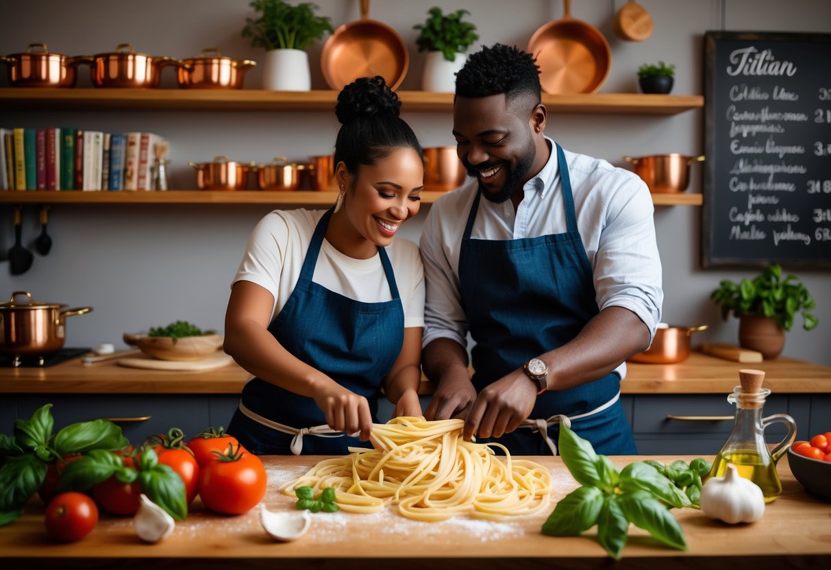 A couple cooking fresh pasta together in a kitchen during an Italian cooking class.