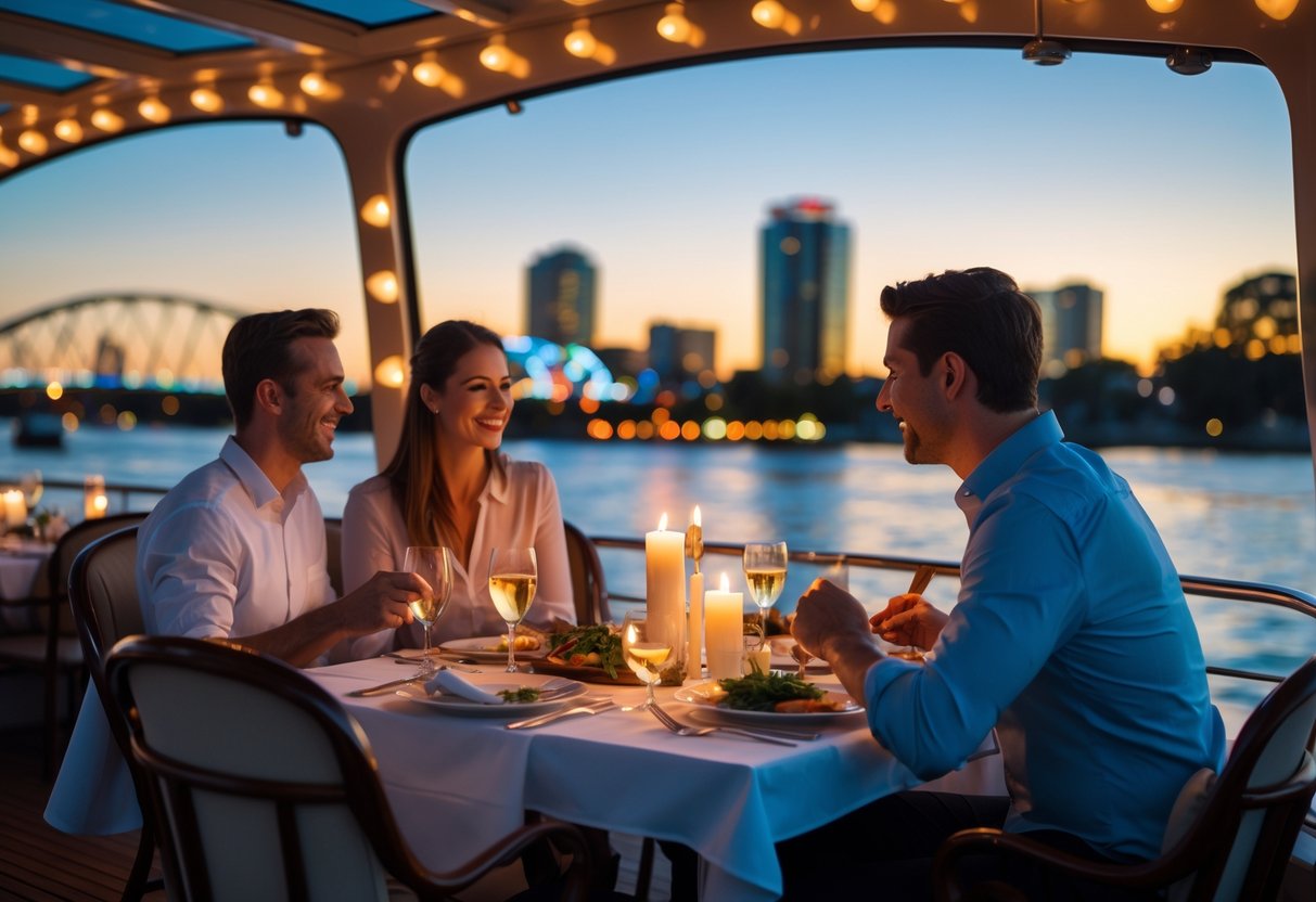 A couple enjoying a romantic dinner on a boat cruising the Swan River with the city skyline in the background at sunset.