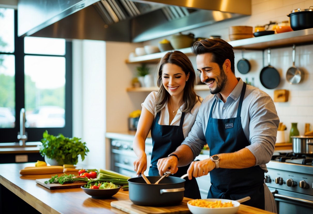 A couple cooking together in a bright kitchen, preparing food and smiling.
