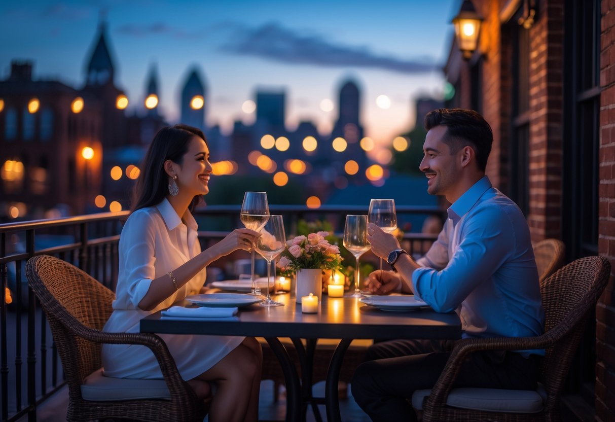 A couple enjoying a romantic outdoor dinner at a restaurant terrace with the Philadelphia skyline in the background at twilight.