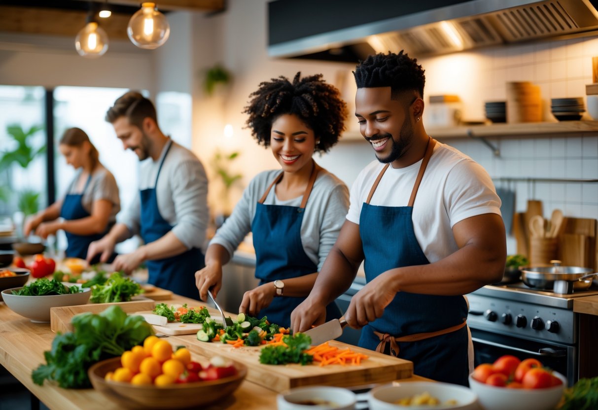 A couple cooking together in a warm kitchen studio during a cooking class, surrounded by fresh ingredients and cooking utensils.