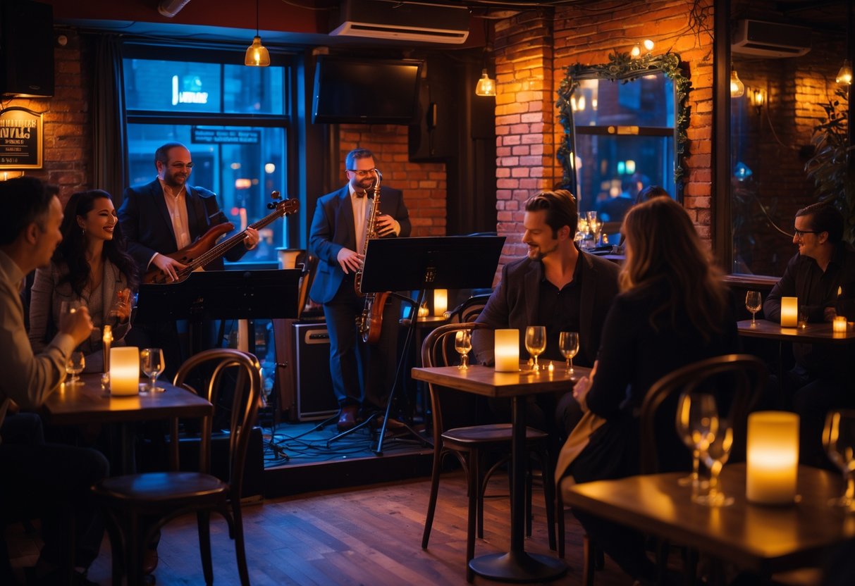 Couples enjoying live jazz music at a cozy club with musicians playing on a small stage.