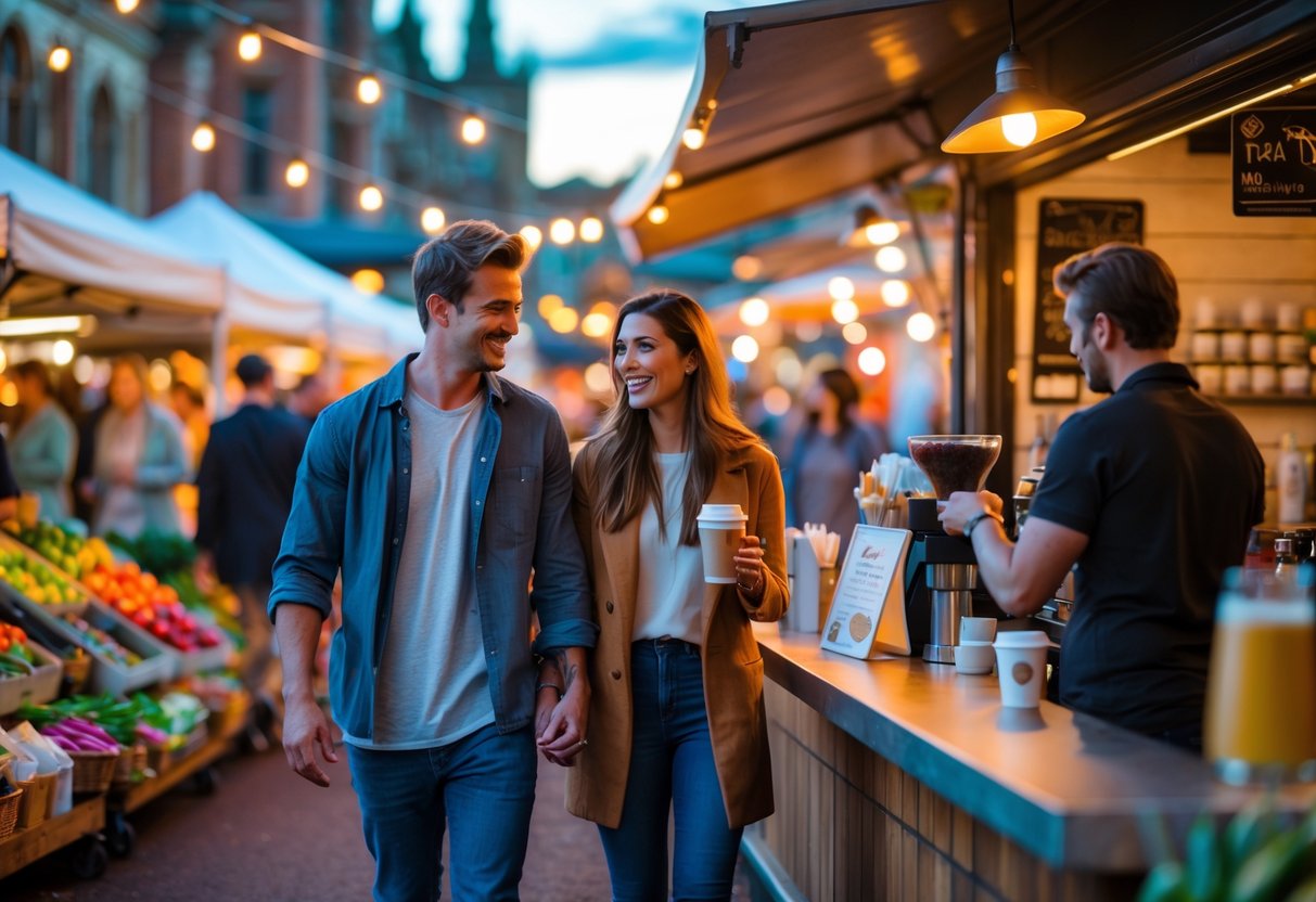 A young couple enjoying coffee together while walking through Fremantle Markets in the evening.