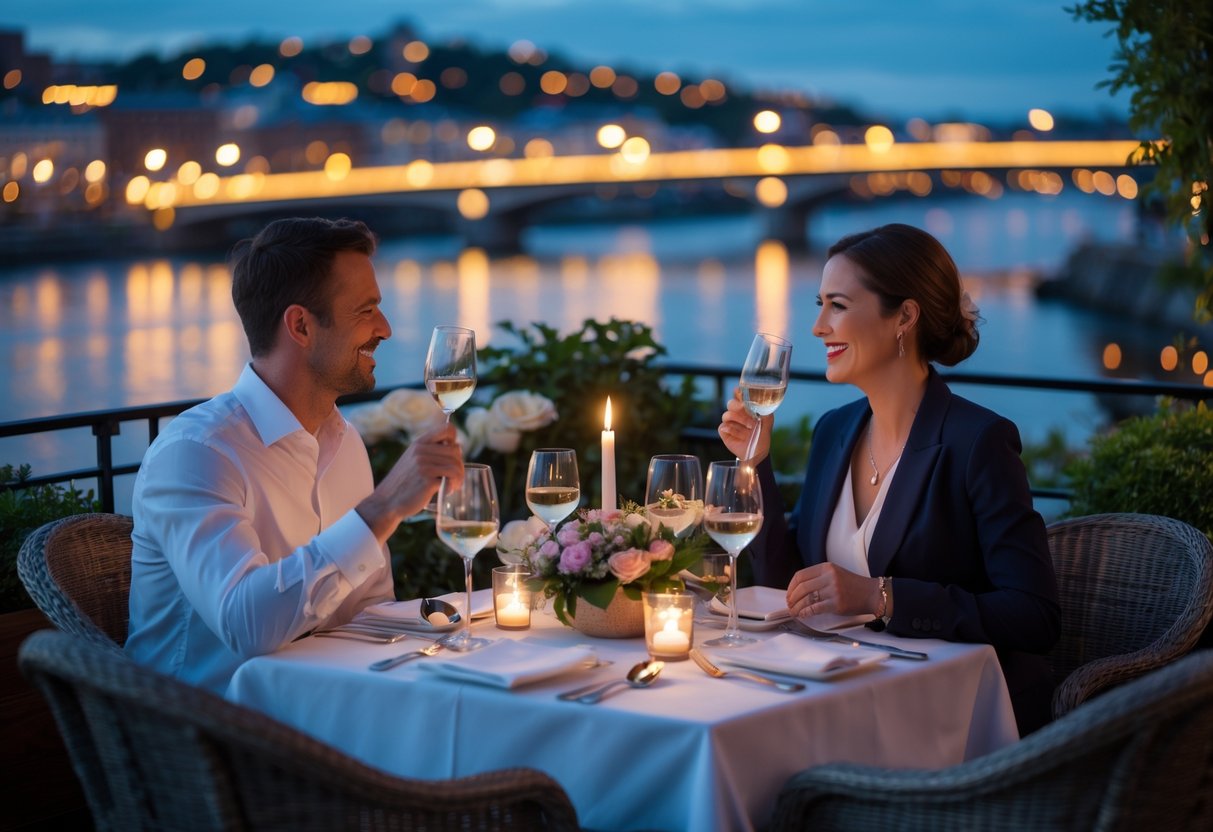 A couple enjoying an outdoor dinner by the river with city lights in the background.