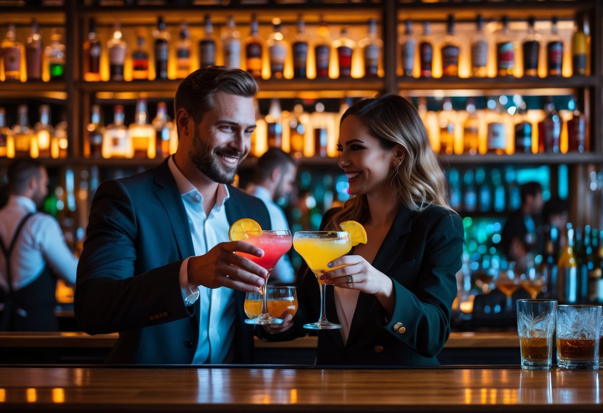 A couple enjoying cocktails at a modern bar with warm lighting and a bartender preparing drinks in the background.
