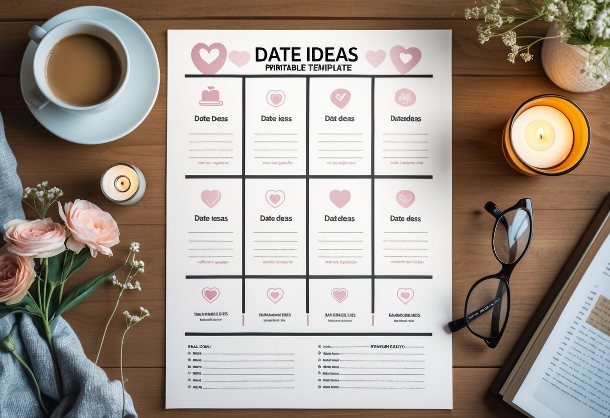 A flat lay of a date ideas printable template on a wooden desk surrounded by a coffee cup, flowers, a candle, and glasses.