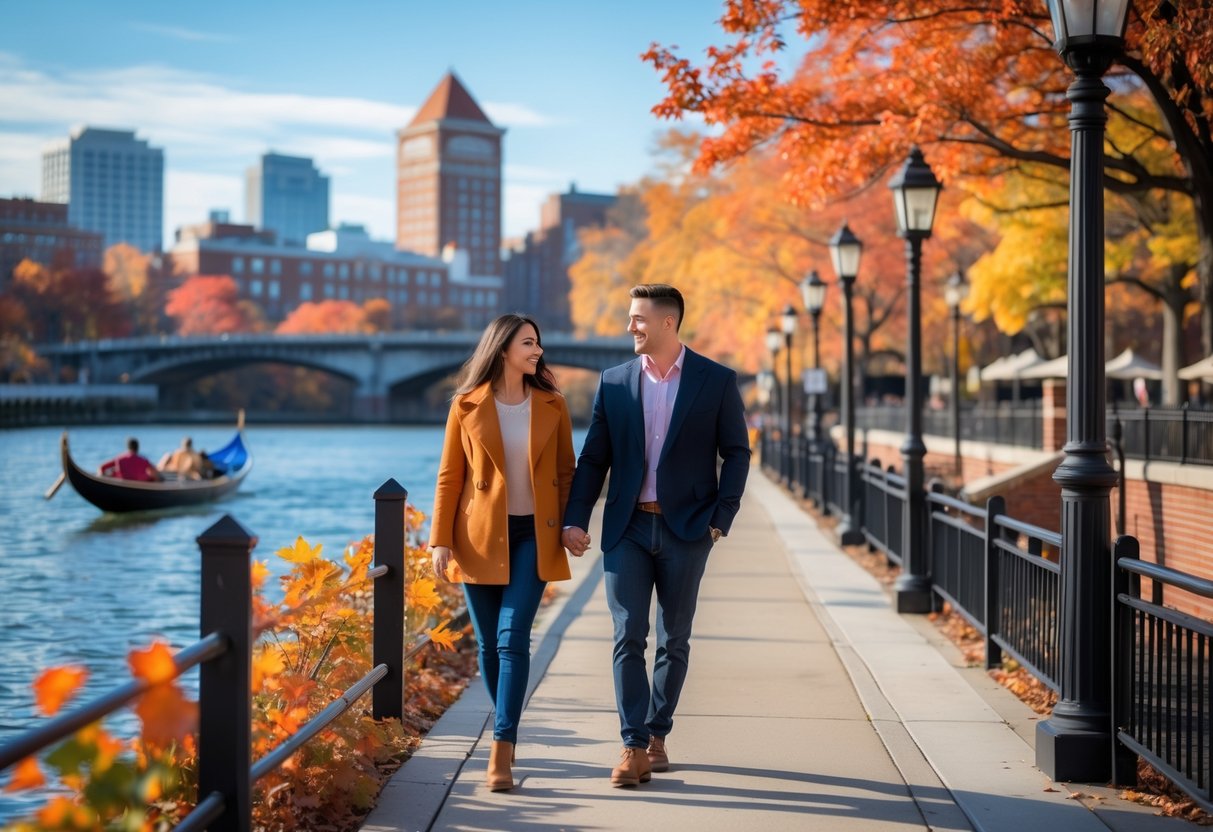 A couple walking hand-in-hand along a river in Providence surrounded by colorful autumn trees and city buildings in the background.