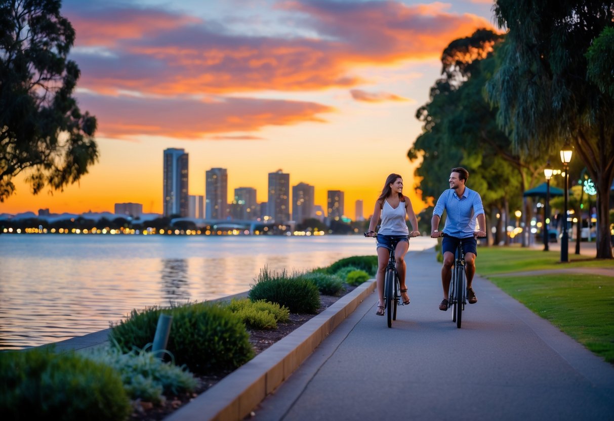 A couple riding bicycles along a waterfront path with the Perth city skyline and sunset in the background.