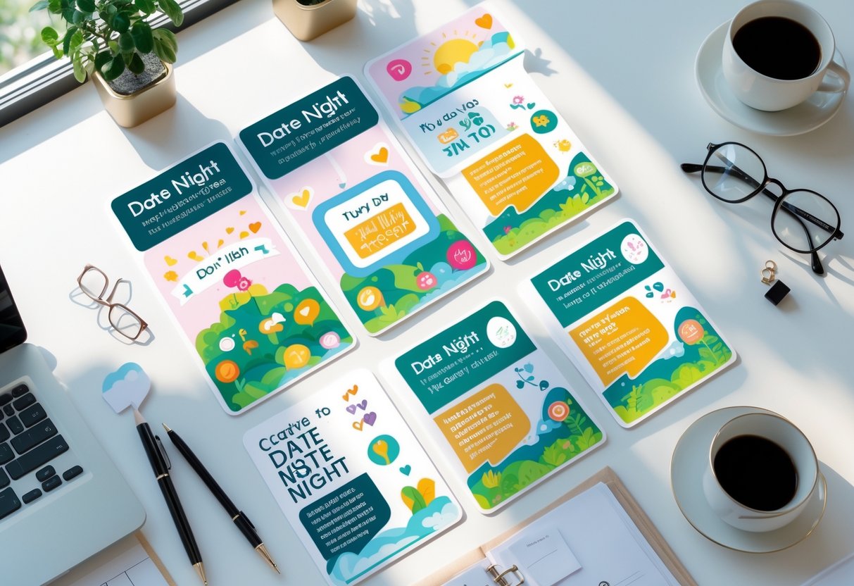 A set of colorful date night cards arranged on a desk with pens, glasses, and a coffee cup nearby.