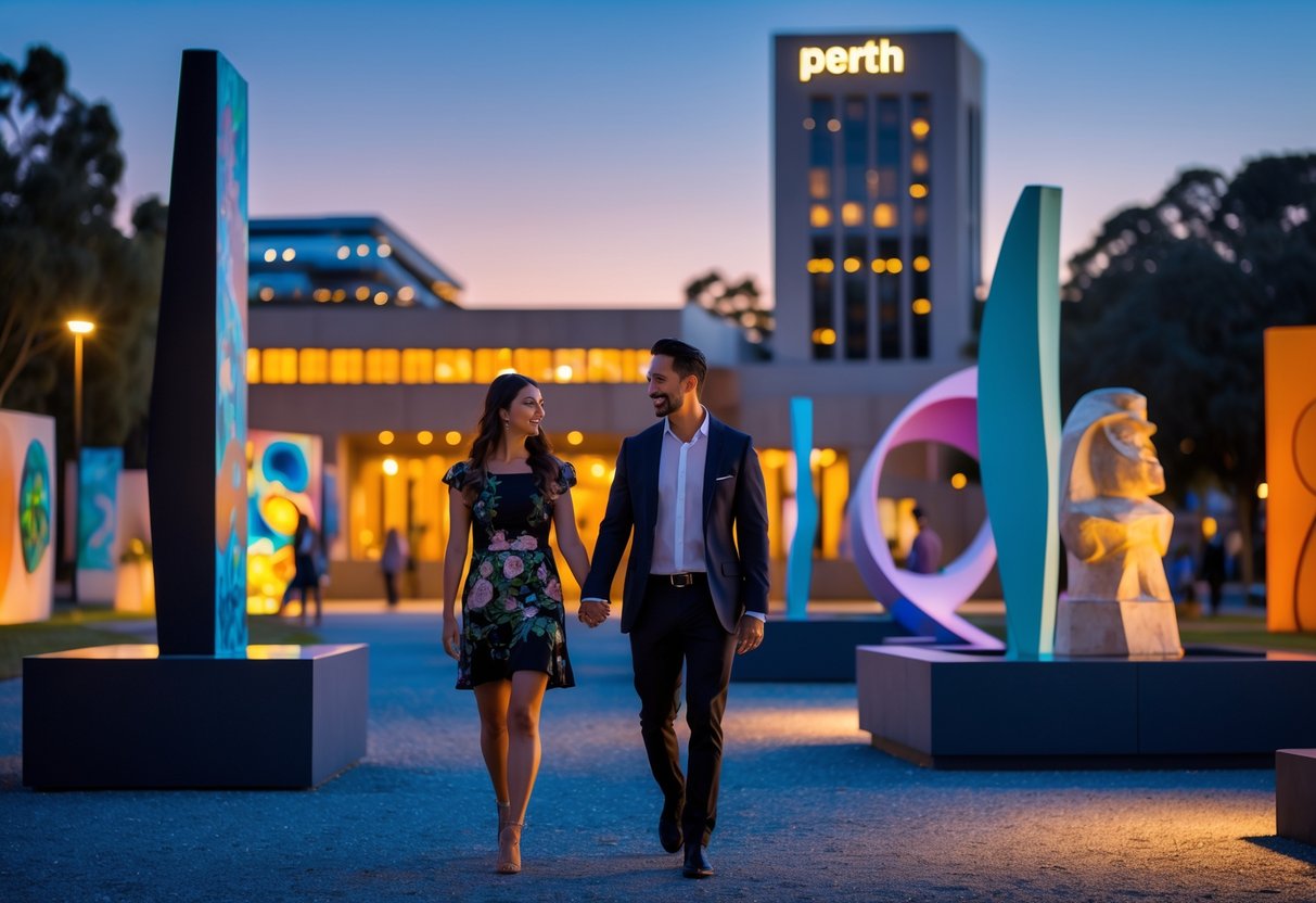 A couple walking hand in hand through an outdoor art installation at the Perth Cultural Centre during evening.