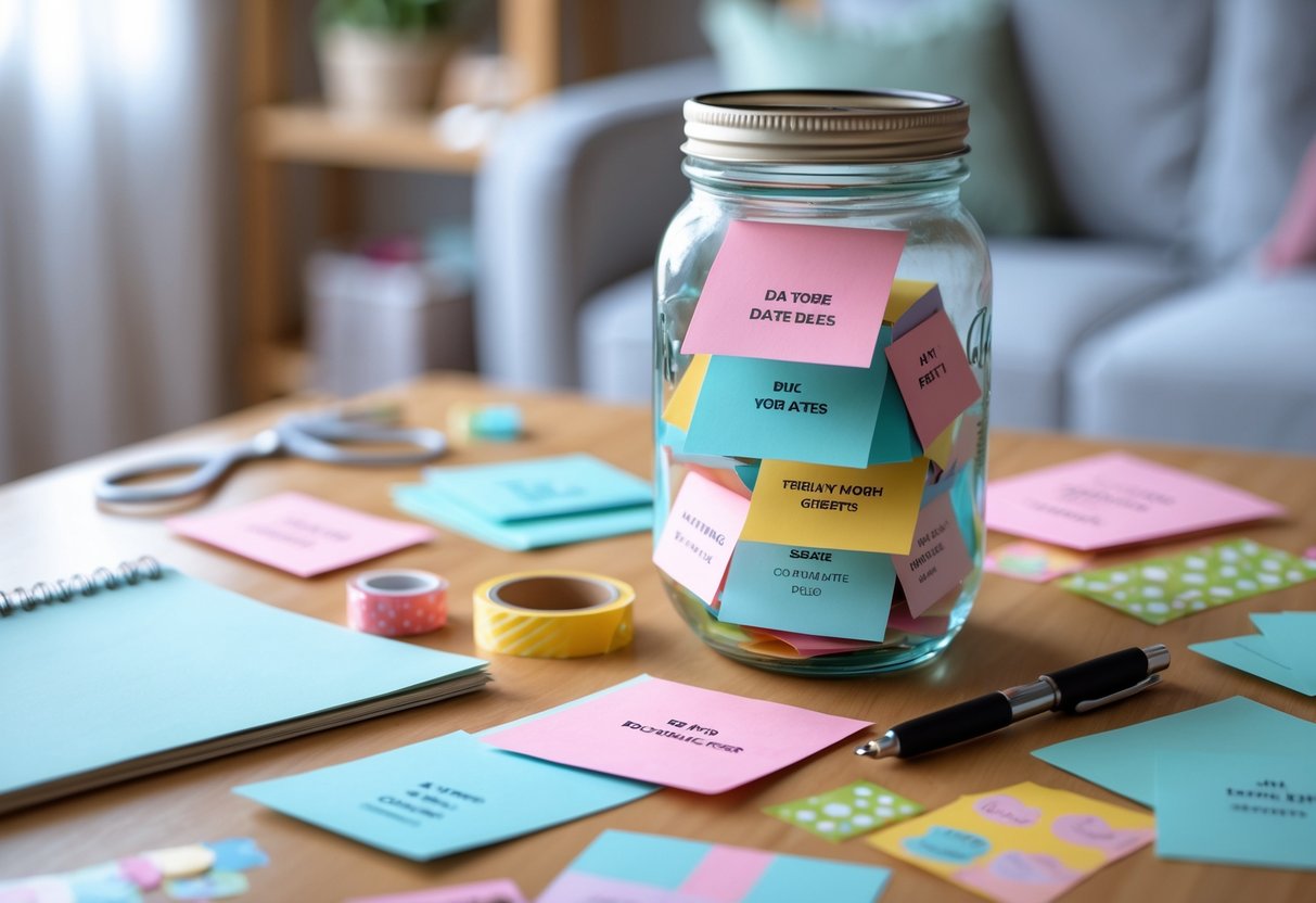 A glass jar filled with colorful folded papers on a wooden table surrounded by crafting supplies like scissors and pens.