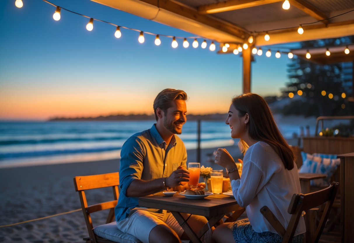 Couple enjoying drinks at an outdoor café near a beach during sunset.