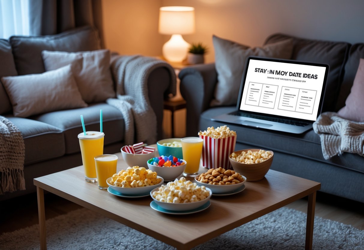 A cozy living room setup with snacks on a coffee table, a sofa with cushions and a blanket, and a tablet showing a date ideas template.