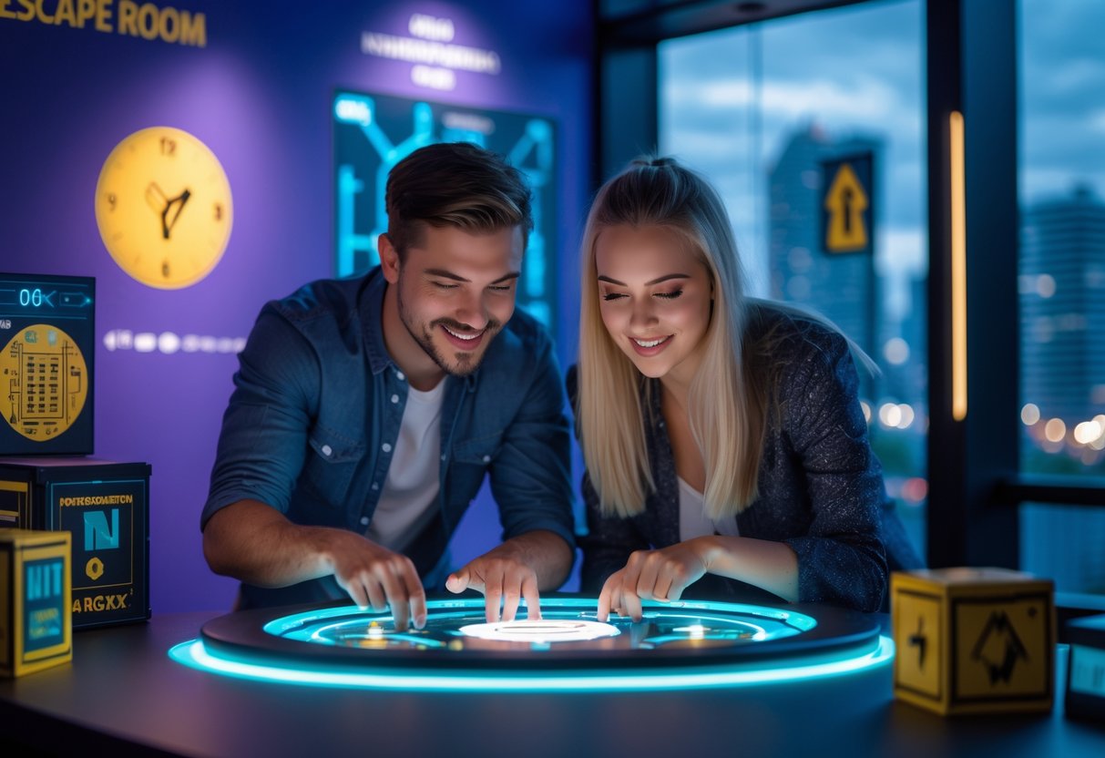 A young couple working together to solve puzzles in an escape room with modern decor and a city view through a window.
