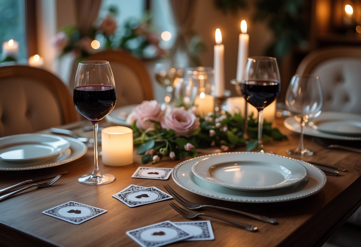 A romantic dinner table set for two with candles, wine glasses, and small decorative cards scattered on the table.