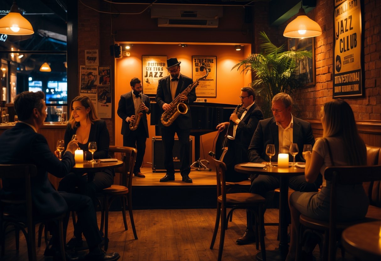 Couples enjoying live jazz music at a cozy jazz club with musicians playing on stage.