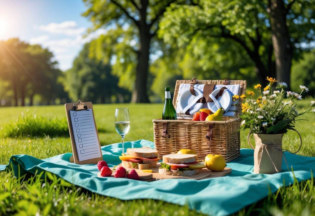 An outdoor picnic setup with a blanket, wicker basket of food, a clipboard with a checklist, wine glasses, and flowers in a green park.