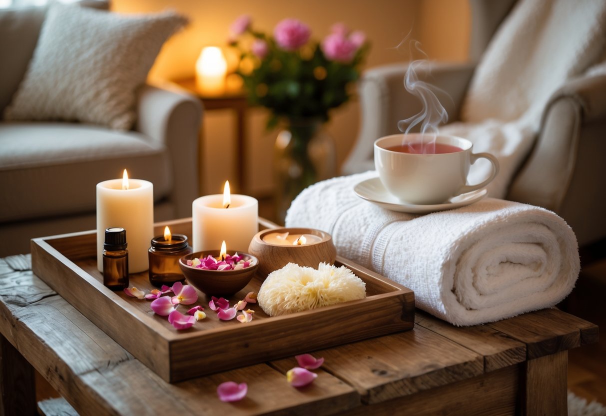 A cozy at-home spa night setup with candles, bath salts, a towel, herbal tea, and fresh flowers arranged on a wooden table in a softly lit room.