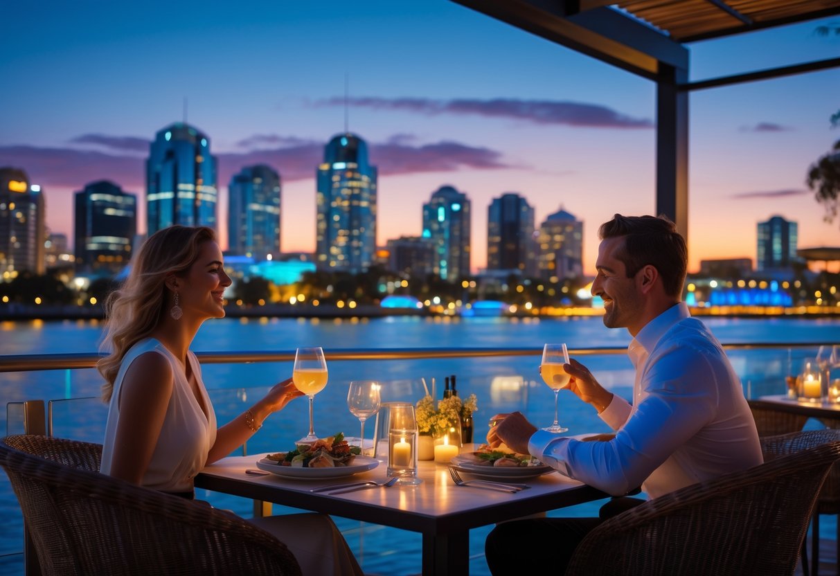 A couple enjoying a romantic dinner outdoors by the waterfront with the Perth city skyline and river in the background at dusk.