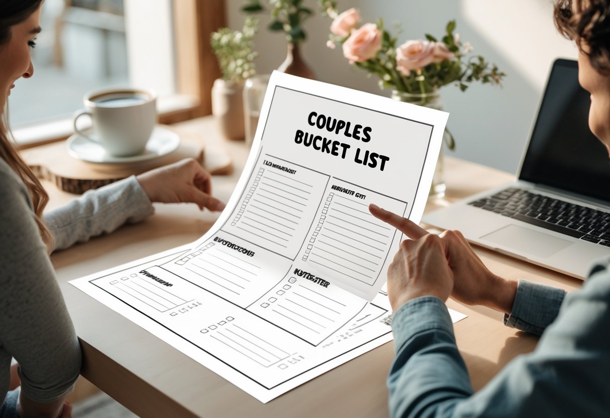 A couple's hands interacting with a printable template on a wooden desk, surrounded by a coffee cup, flowers, and a laptop.