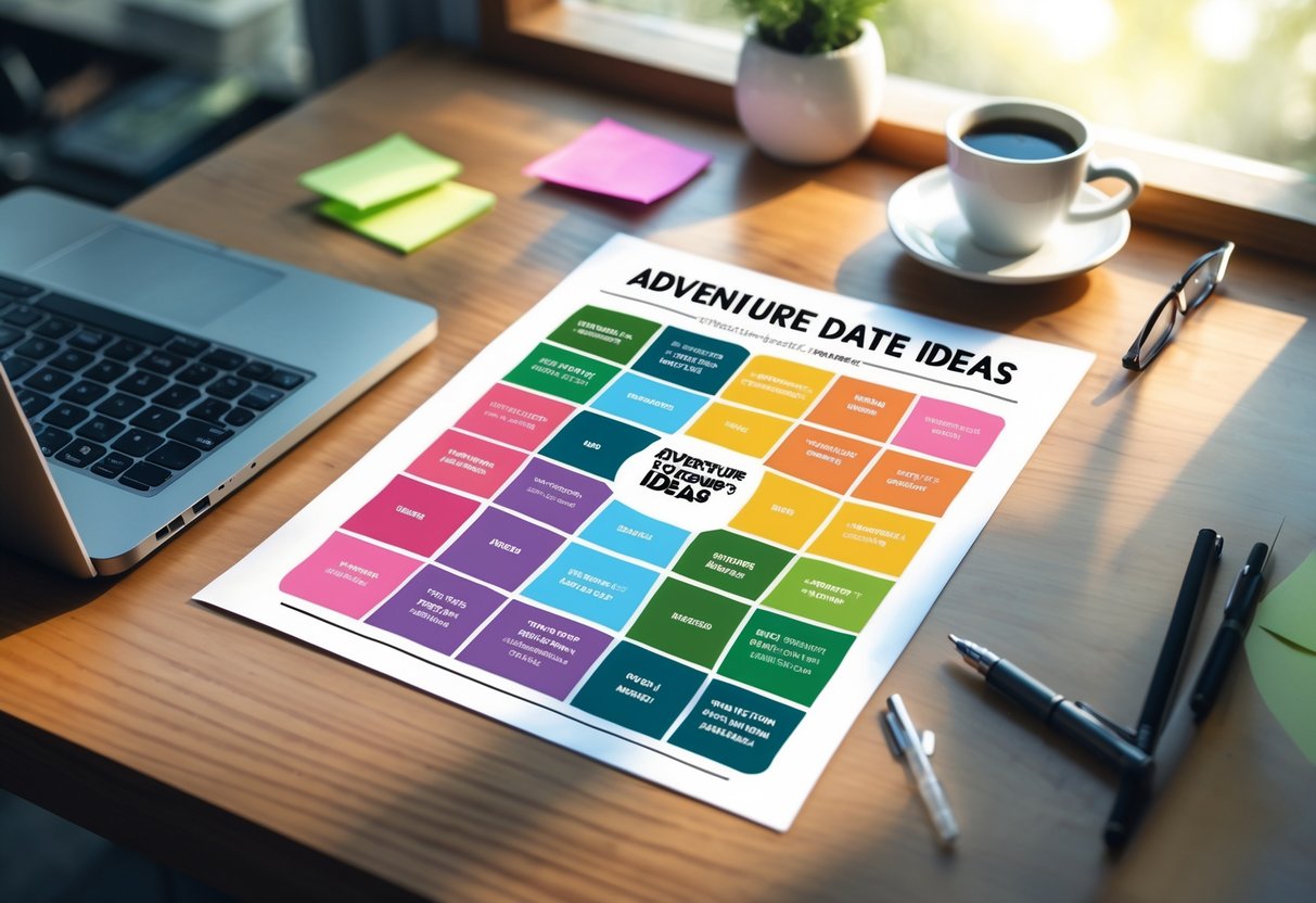 A workspace with a printed date ideas template on a wooden desk surrounded by a laptop, coffee cup, pen, and sticky notes.