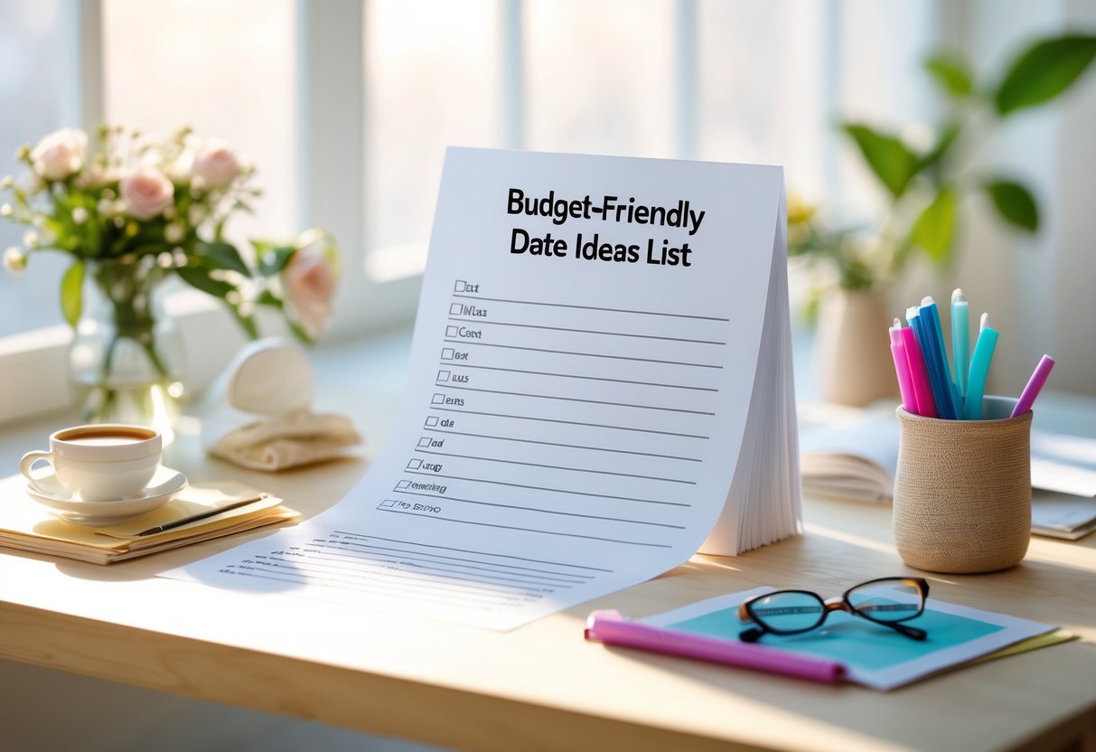 A workspace with a printable template on a wooden desk surrounded by flowers, coffee, pens, and glasses.
