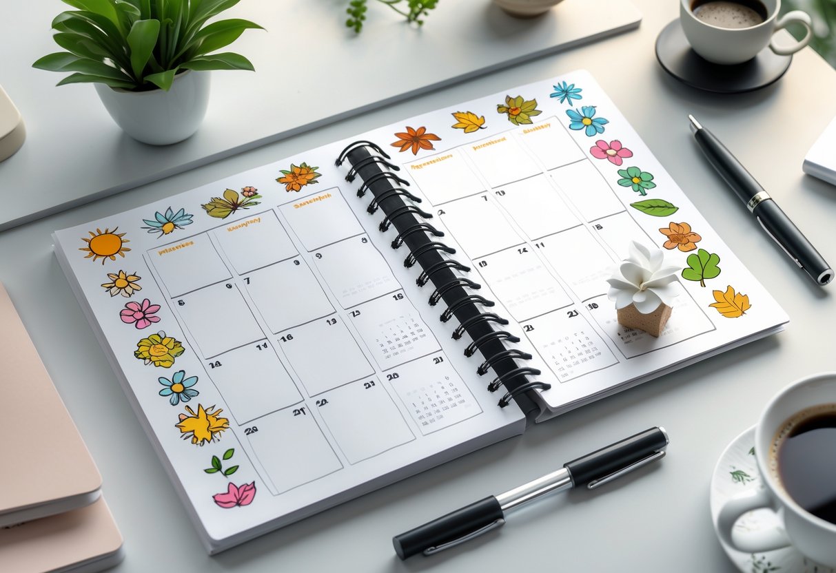 A seasonal date ideas calendar template on a desk with a pen, plant, and coffee cup nearby.