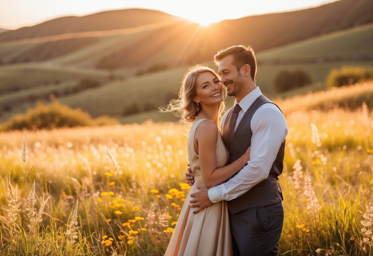 A couple standing close together in a sunlit field during golden hour, smiling and looking at each other.