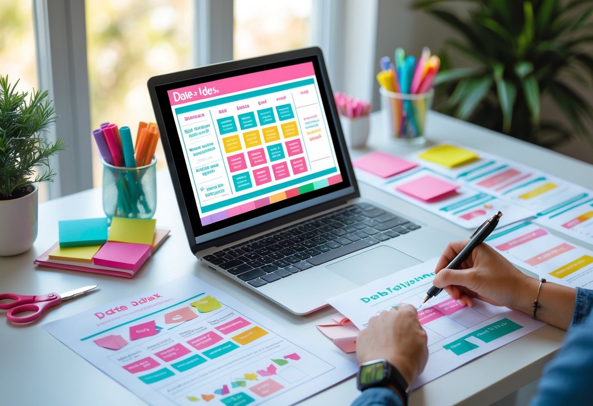 A person customizing date ideas printable templates at a bright, organized desk with a laptop and stationery.