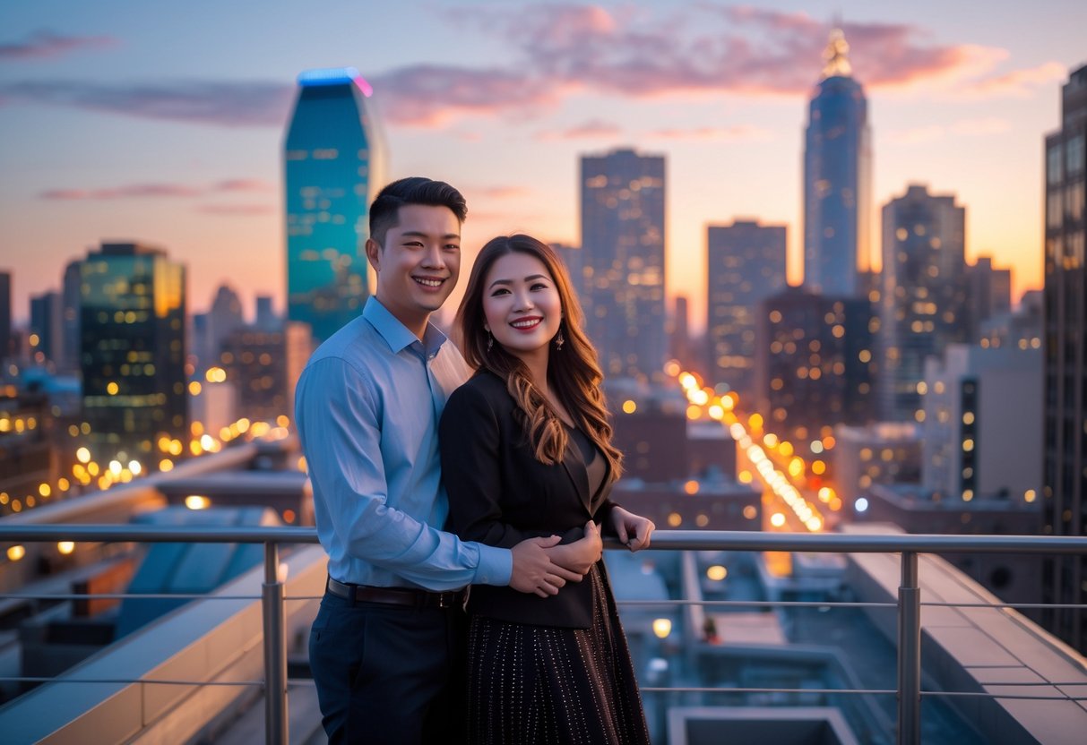 A young couple standing on a rooftop terrace with a city skyline in the background during sunset.