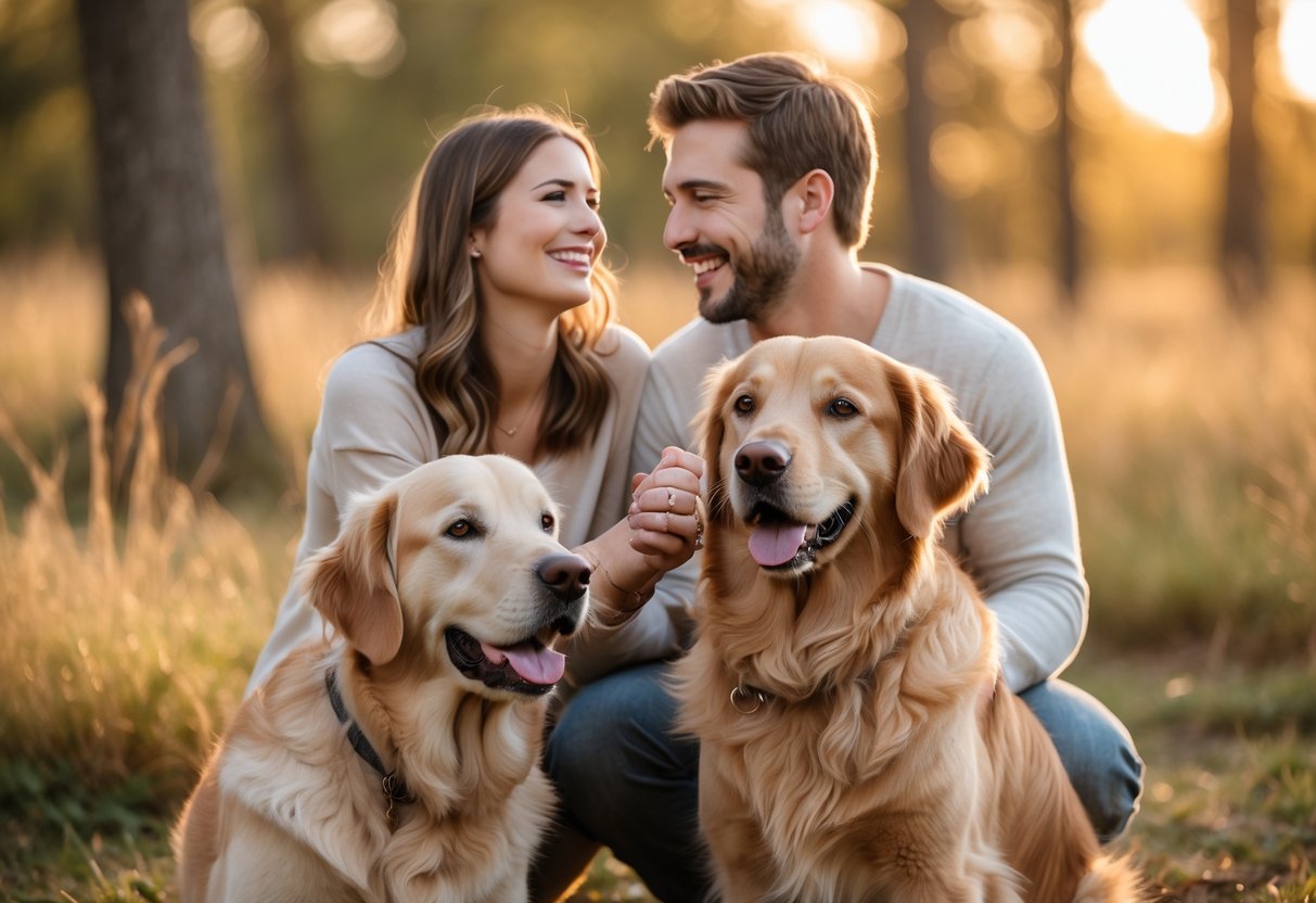 A couple holding hands outdoors with their dog sitting beside them, smiling at the camera.