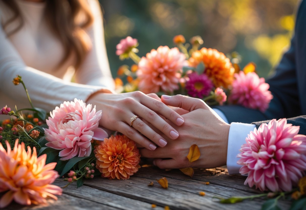 A couple holding hands surrounded by colorful seasonal flowers on a wooden table in an outdoor garden setting.