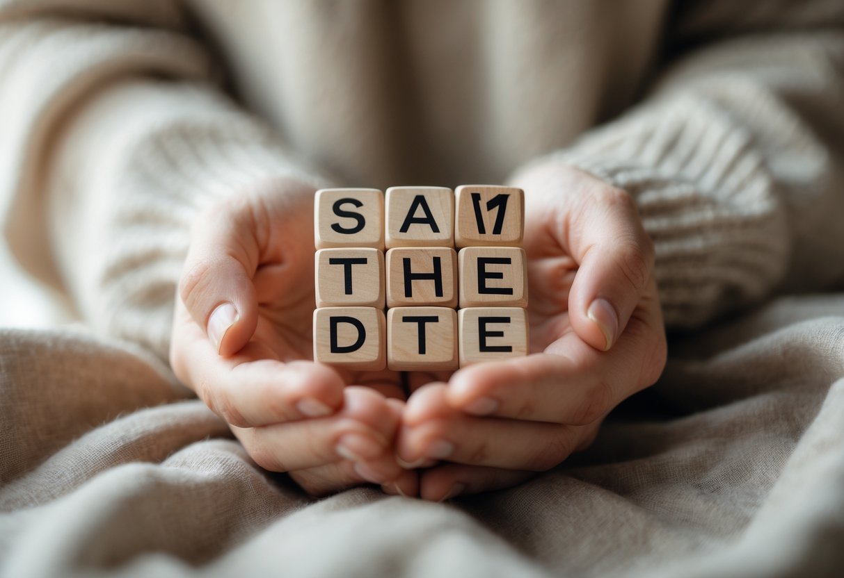 Close-up of hands holding wooden blocks arranged to show a date.