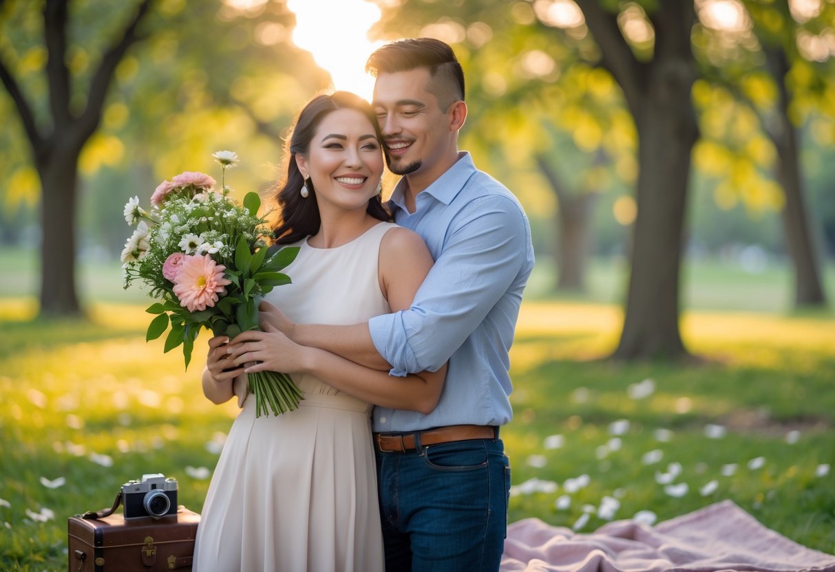 A couple standing closely together outdoors in a park during sunset, smiling and holding flowers.