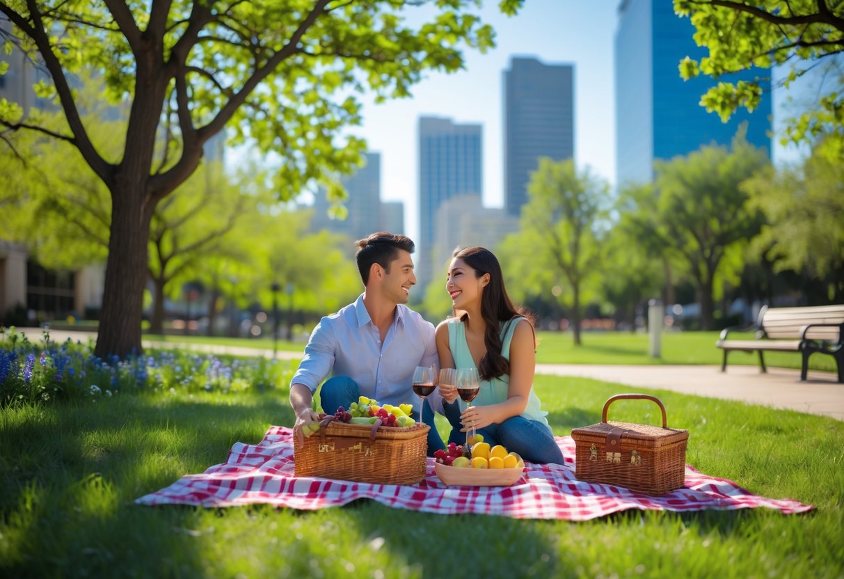 A young couple having a picnic in a green park with city buildings in the background on a sunny day.