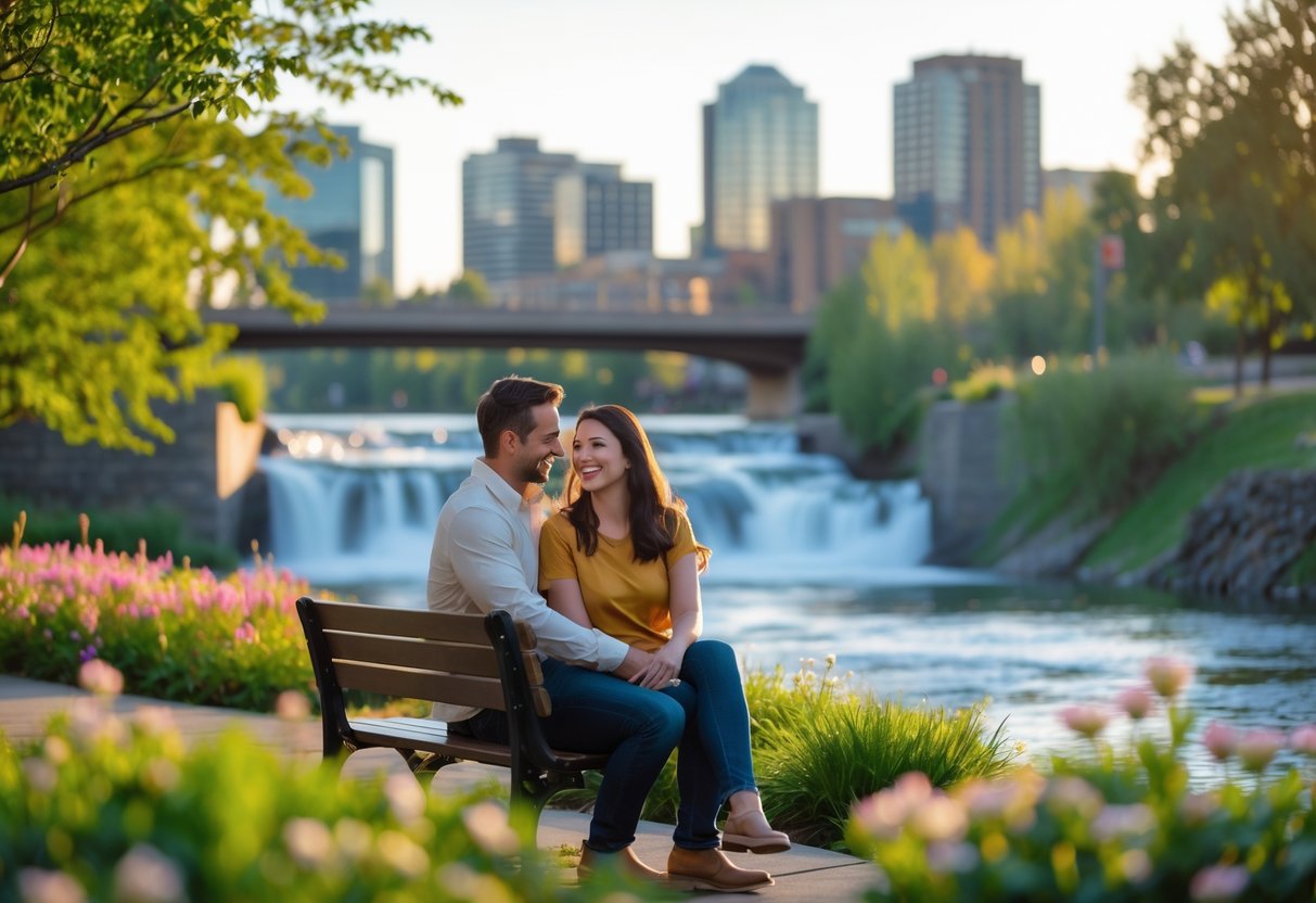 A couple sitting on a bench near a river with a waterfall and city skyline in the background, surrounded by trees and flowers.