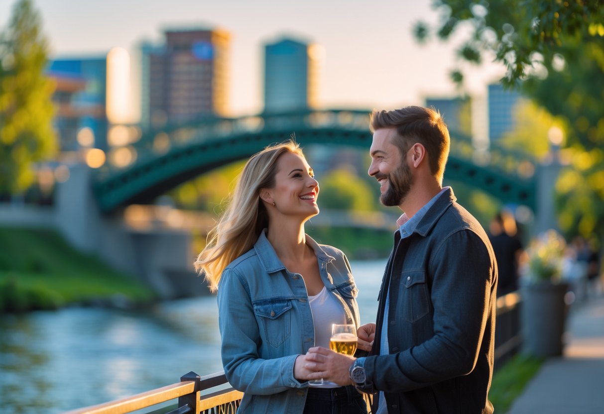 A couple enjoying a romantic outdoor date near a river with a city park and bridge in the background.