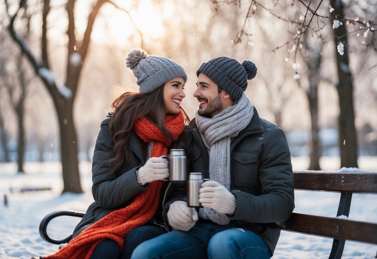 A young couple dressed in winter clothes sitting on a snow-covered park bench, sharing a hot drink and smiling at each other.