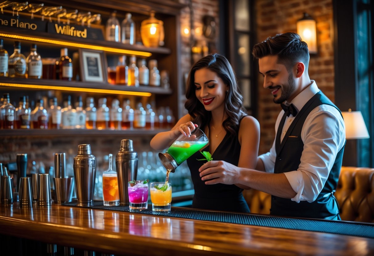 A couple making cocktails together at a dimly lit bar with vintage decor and shelves of spirits behind them.