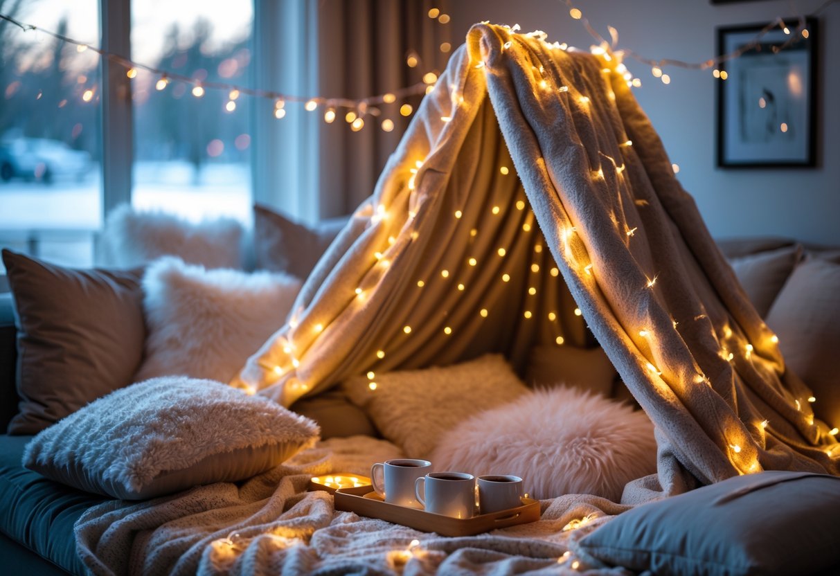 A cozy indoor blanket fort decorated with fairy lights, pillows, and hot drinks inside a softly lit living room.