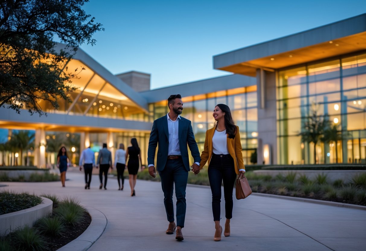 A couple walking hand in hand toward the entrance of the Eisemann Center in Plano at dusk, surrounded by other people arriving for a live show.