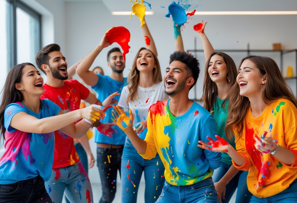 A group of young adults having fun throwing colorful paint at each other indoors during a paint party.