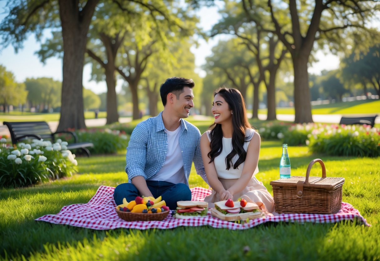 A young couple enjoying a picnic on a blanket in a green park with trees and flowers on a sunny day.
