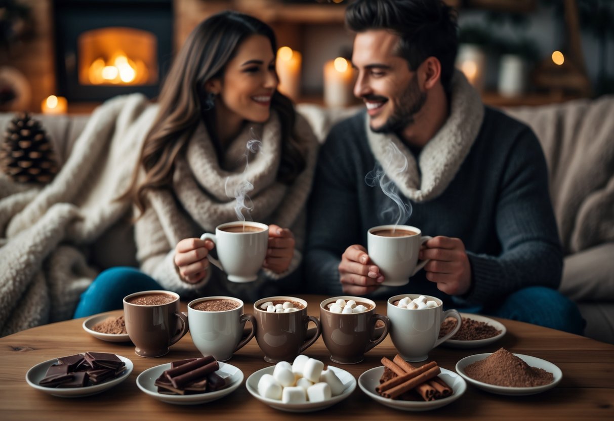 A couple sitting at a table tasting different flavors of hot chocolate in a warm, cozy room with winter decorations.